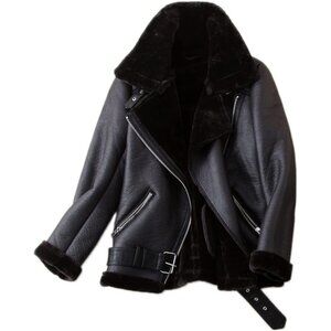 Women's Faux Shearing Moto Jacket Parka Winter Shearling Leather Jacket Black
